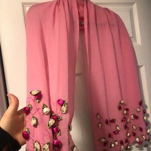 Bright Pink Silk Scarf with Beaded Roses